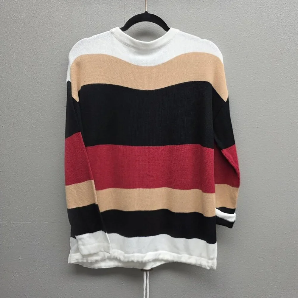 Striped Sweater Womens XL Black Red Tan White Colorblock Pullover Drawstring Hem - Picture 4 of 8